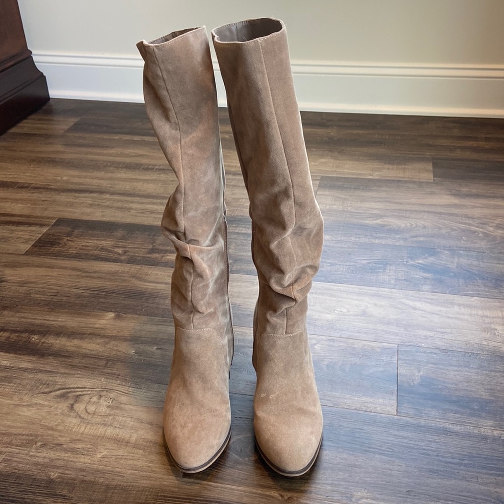 Taupe suede knee high boots with heel